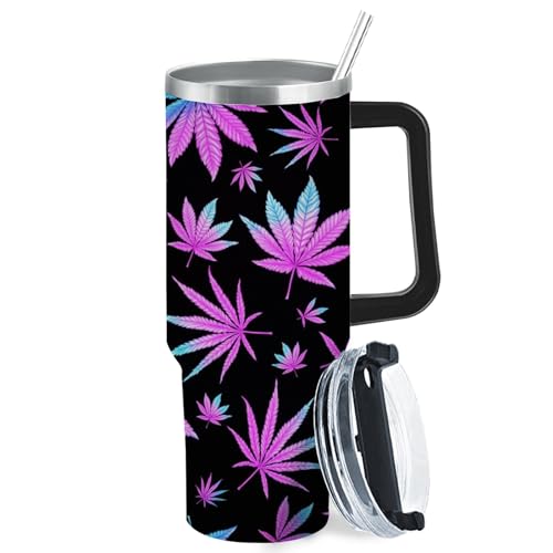 Image of GVNIEA Cannabis Marijuana Maple Leaf 40oz Tumbler With Handle Gifts For Friends Stainless Steel Tumbler With Lid And Straw For