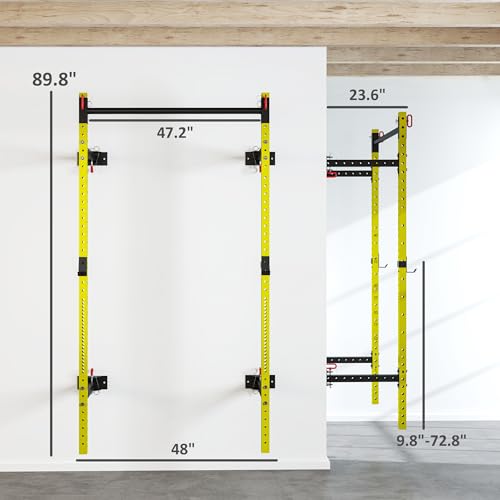 Soozier Folding Squat Rack with Adjustable Pull-Up Bar, 1000 Pounds Capacity Wall Mounted Power Rack, Adjustable Barbell Rack with J Hooks for Home Gym Full Body Workout, Yellow - Thumbnail 7