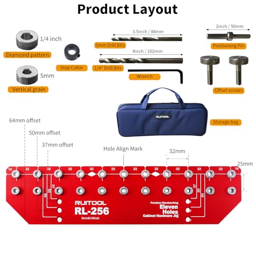 Image of RUITOOL Shelf Pin Jig 11 Holes, Self-contained Clamping Function All Metal Shelf Pin Drilling Jig with 1 /4 inch and 5mm Drill Bit, Shelf Hole Jig and Cabinet Hardware Jig Tool Drill Guide with Storage Bag