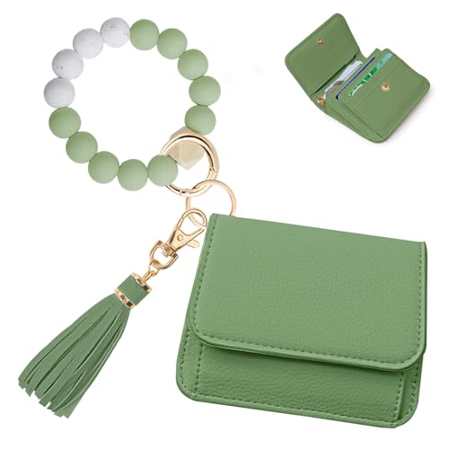 Image of Keychain Wallet for Women,RFID Wristlet Wallet with Beaded Strap | Tri-Fold Design,6 Card Slots,ID Window,Zipper Coin Pocket,Lightweight Carry