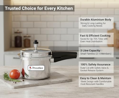 Image of Prestlee Aluminium 3 Litres Pressure Cooker | Outer Lid | Faster & Healthy Cooking | Gas Stove Compatible | ISI Certified | 5 Years Manufacturer's Warranty | Silver