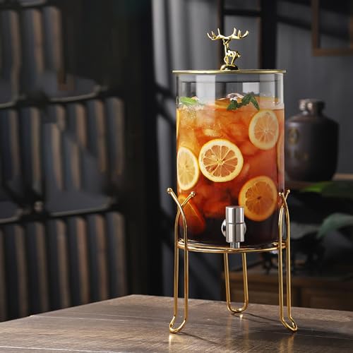 LHIUGE 3L/5L Vintage Drink Dispenser - Glass Jar Drink Dispenser with Tap and Cocktail Punch Holder, High Temperature Resistant, Perfect for Parties and Events 5L C