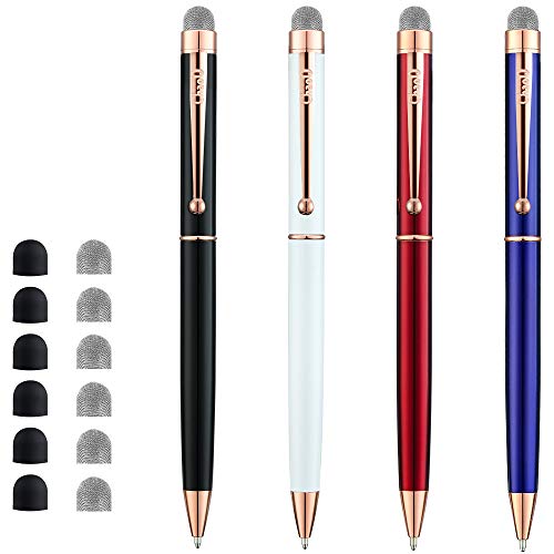 CHAOQ Stylus Pen, [4 Pcs, Rose Gold Clip] Mesh Fiber Tip Stylus for All Capacitive Touch Screens Cell Phones, iPad, Tablets, Ball Pen Black Ink with 6 Extras Replacement Mesh Tips and 6 Rubber Tips