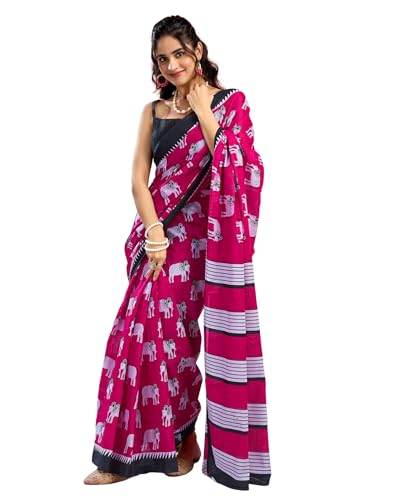 Image of SIRIL Women's Printed Cotton Saree with Unstitched Blouse Piece