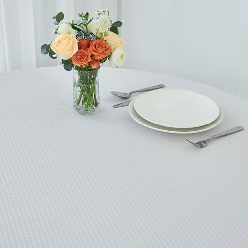 Image of maxmill Round Weaved Texture Design Tablecloth Spill-Proof Wrinkle Free Soft Washable Table Cloth for Circular Table Cover, for Dining Room Buffet Banquet Parties Holiday Dinner, 90 Inch White
