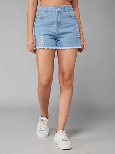 Image of Dolce Crudo Women's Relaxed Fit Mid-Rise Denim Shorts with Adjustable Waist & Frayed Hem