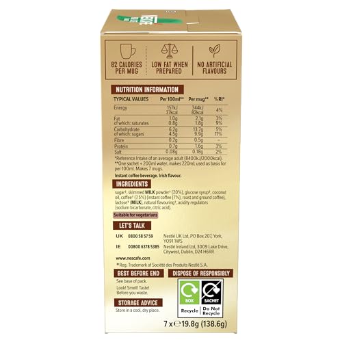 Image of NESCAFE Irish Latte Instant Coffee 7 Sachets, 100percent Responsibly Sourced Coffee Pack of 1