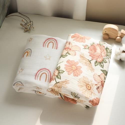 Image of insular Muslin Swaddle Blankets for Boys Girls, 2 Pack Receiving Baby Blanket Large 47 x 47 inches, Soft Breathable Swaddling Wrap for Unisex Newborn, Floral&Rainbow