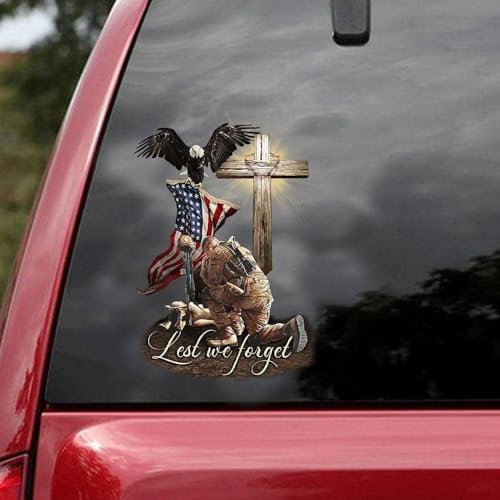 Image of Veteran American Flag with Eagle and Jesus Cross Lost We Forget Car Window Decals, Meaningful Gift for American Veterans, Transparent Car Vinyl Decal Sticker for Car Windows (6x9 inches)