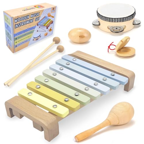 Wooden Toddler Toys - Musical Toys for Toddlers 1-3 - Montessori Musical Instruments for Toddlers 1-3 – Toddler Musical Instruments Set of 5 Baby Toys Including a Colorful Xylophone for Toddlers 1-3