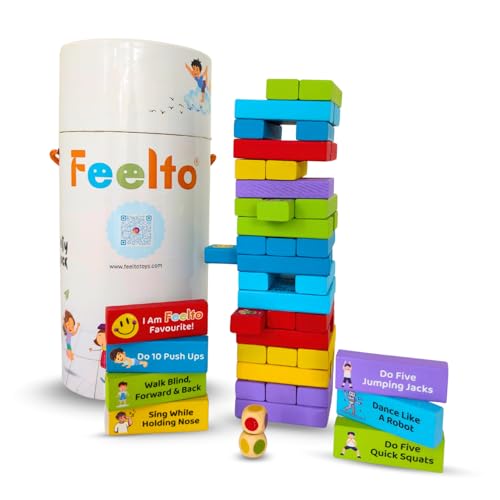 Image of Colorful Kids Activity Tower Blocks Wooden Game with Dice - Fun Stacking Blocks with Fitness, Yoga & Activity Challenges - Educational Family Game for Kids & Adults, Party & Group Bonding Toy