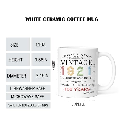 KOXAME Vintage 1921 Coffee Mug 11oz, 105th Birthday Gifts For Men Women, 105 Year Old Birthday Gifts For Him Her, Gift Ideas For Mom Dad Husband Wife Papa Grandma Turning 105 (105) - image 2