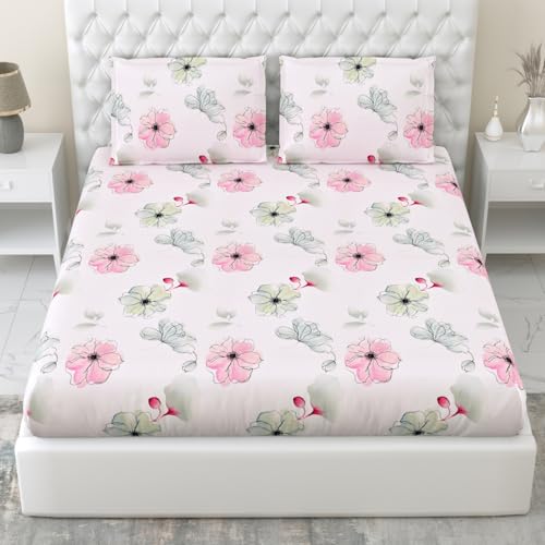 Image of Haus & Kinder Pure Cotton Luxury 300 TC King Fitted Bedsheet for Double Bed with 2 Pillow Covers (72 x 78 x10) | White Pink