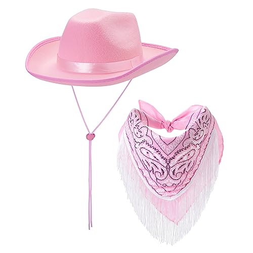 Kajoeiae Womens Cowgirl Costume Sets Bandana Wide Brim Sequins Cowboy Hat with Tassel Scarf Western Style Party Supplies (Pink 2Pcs)