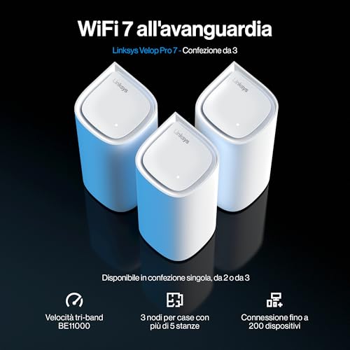 Velop Pro 7 Sistema WiFi Mesh MBE7003, Router Cognitive Mesh Tri-Band e più di 10 Gbps di Velocità, Copre fino a 825 m², Connessione per 600 Dispositivi, Confezione da 3 - Router - Immagine 1