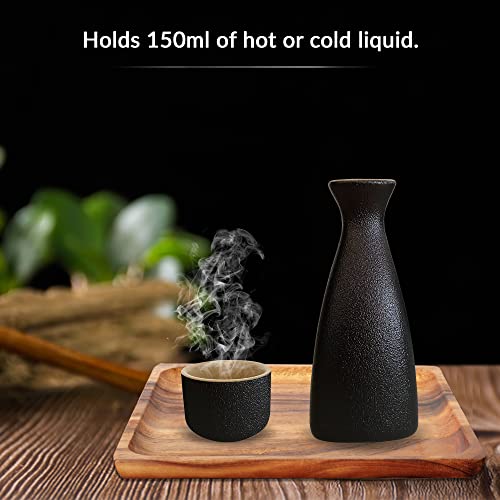 Black Ceramic Traditional Japanese Sake/Saki Set, 7 Piece Set For Hot & Cold Sake With 1 Tokkuri And 6 Sake Cups #TOP3
