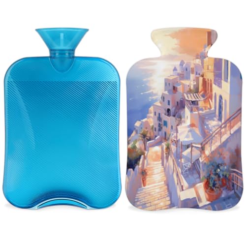 Hot Water Bottle with Soft Cover,2L Watercolor City Hot Water Bag for Hot and Cold Compress, Hand Feet Warmer, Sunset City Rubber Hot or Cold Water Bottle Halloween Christmas Decorations