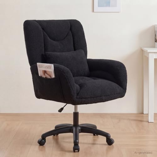 Image of FOXHUNTER Vanity Chair with Ergonomic Back & Wheels, 360 Swivel Accent Chair, Adjustable Height Home Office Chair for Living Room, Bedroom,Teddy Black(Upgraded Oversized)