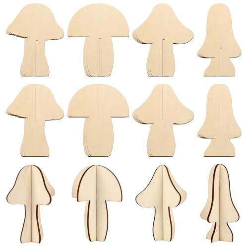 COCHIE DIY 3D Wood Crafts to Paint, Paintable Unfinished Wooden Slices for Craft, Mushrooms Cutouts Ornaments for Painting Decorations (24 PCS)