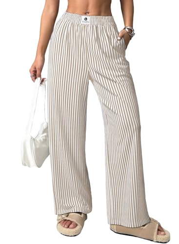 EVALESS Women's Striped Pants 2025 Comfy High Waist Wide Leg Lounge Pants Y2K Casual Lightweight PJ Bottoms with Pockets