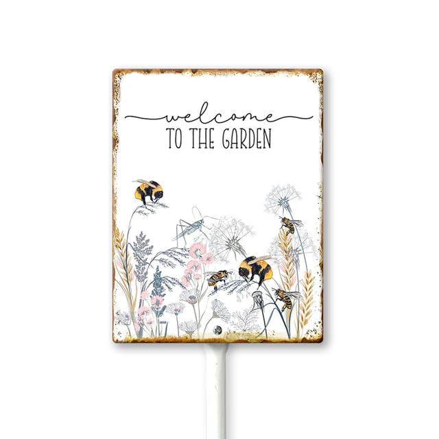 Geroclonup Garden Signs Welcome To The Garden Sign with Stake Outdoor Aluminum Yard Sign Rustproof Aluminum Metal Sign Fade Resistant Lawn Decoration for Outdoor 7x8.8inch
