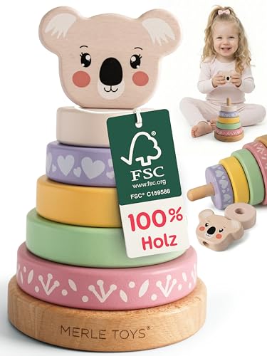 Merle Toys® Holz Stapelturm ab 1 Jahr, 100% FSC-zertifiziertes Holzspielzeug Baby, Stapelturm Holz, Montessori Stapelspiel ab 1 Jahr, BPA-Frei, Steckturm, Stapelringe Baby, Fördert Feinmotorik, Koala