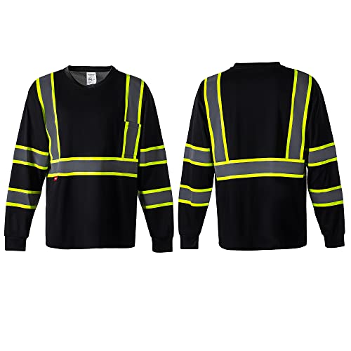 Protectx 3-Pack High Visibility Black Heavy-Duty Long Sleeve Reflective Safety T-Shirt Type R Class2, Us Size S #TOP4