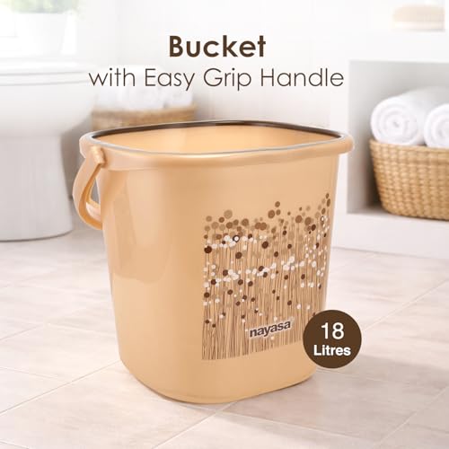 Image of Nayasa Square Ring Funk Plastic Bathroom Bucket Set with Mug & Stool | 18 Liters Bucket + 1.5 Liters Mug | Set of 3 | Brown