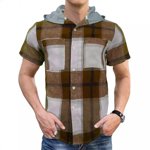 Hoodies for Men Plaid Short Sleeve Button Down Hooded Shirt Casual Short with Two Pocket3