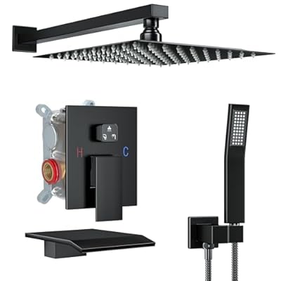 ShiureBath 12 Inch Shower Faucet Set with Tub Spout Bathroom Shower System with 12 Inch Rain Shower head and Handheld Shower Head Set, Matte Black