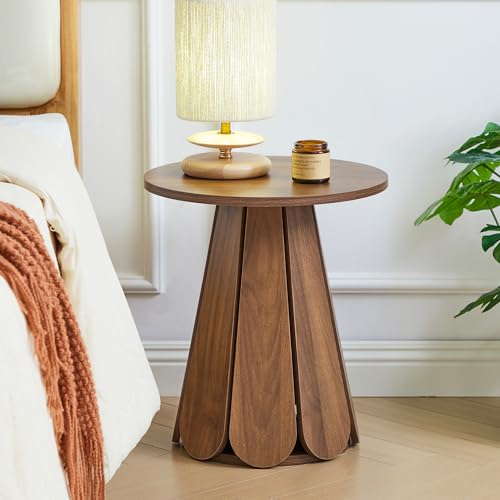 Image of Round End Table Nightstand Set of 2, Mid Century Modern Side Table, Circle Bedside Tables Wood Night Stands for Bedroom, Living Room, Small Space, Walnut