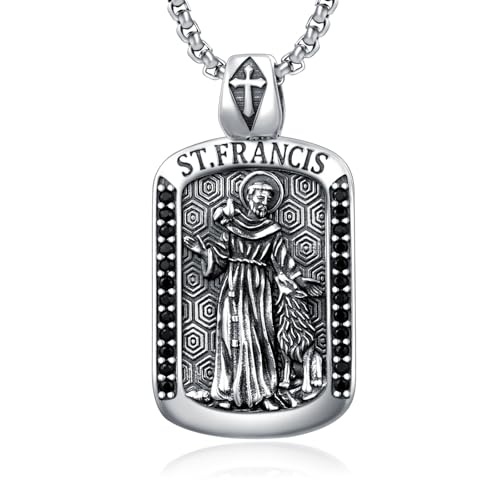 KINGWHYTE Saint Francis Necklace for Men 925 Sterling Silver Catholic Pendant Amulet Jewelry Religious Gifts with Stainless Steel Pearl Chain 22+2 inch