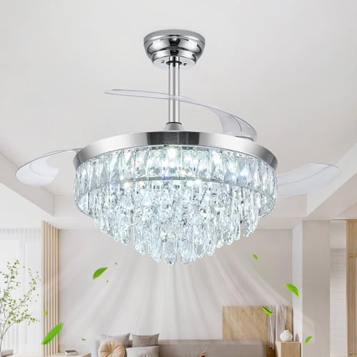 Deliyfans 42 Chandelier Ceiling Fan with Lights Retractable Fan with Remote and APP Crystal Fandelier Ceiling Fan Dimmable LED Reversible Motor Quiet for Bedroom Living Room-Chrome