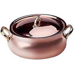 Cazuelas De Cobre Antiguas Pentole Agnelli ALCU108C24 Cacerola baja redondeada con dos asas y tapa de latón, cobre liso estañado a mano, 24 cm