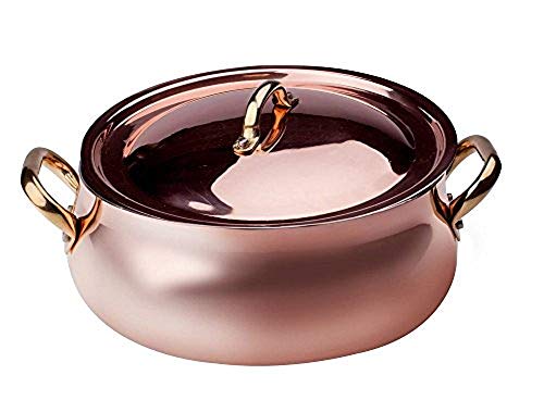 Pentole Agnelli ALCU108C24 Casseruola Bassa Bombata con Due Maniglie in Ottone e Coperchio, Rame liscio stagnato a mano, 24 cm