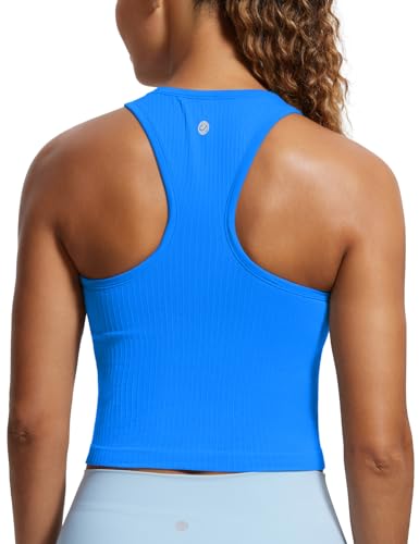 CRZ YOGA Women's Longline Ribbed Crop Tank Top Padded Wireless Racer Back Sports Bra Yoga Vest Tops with Built in Bra Sparkle Blue 10