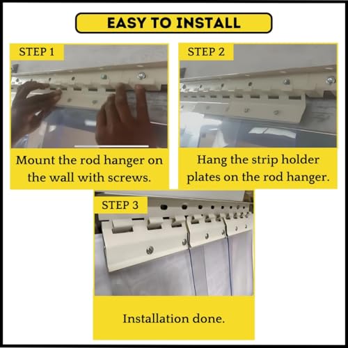Image of Qlarity Covers 2mm Thick PVC Strip AC Curtain | Size- 48 (20x20x8) 3pcs Inch Wide Hanger X 9 Feet Long | 6 Strips, 8.5 Inches Wide Vinyl Transparent Door Curtain | Mount Hanger for Cold Storage /Office