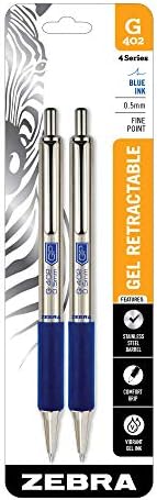 Zebra Pen G-402 Retractable Gel Pen, Stainless Steel Barrel, Fine Point, 0.5mm, Blue Ink, 2-Pack