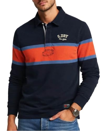 Superdry Men's Vintage Athletic Rugby T-Shirt, Navy Striped Chest, L