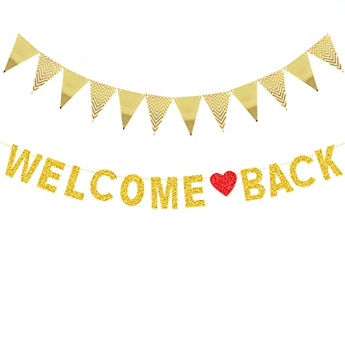 Welcome Back guirnalda + banderín triángulo bandera dorada, bienvenida a la vuelta para aula, decoración escolar, decoración de temporada, decoración