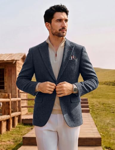Men's Irish Tweed Wool Blend Blazer Peak Lapel Business Herringbone Tweed Sport Coat Wedding Dark Blue Herringbone L