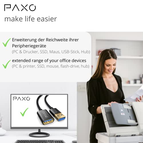 PAXO USB extension 5m, 10 Gbit/s (1.25 GByte/s), USB 3.2 Gen2 (3.0, 3.1), USB extension cable, A plug to A socket, black, fabric jacket - Image 3