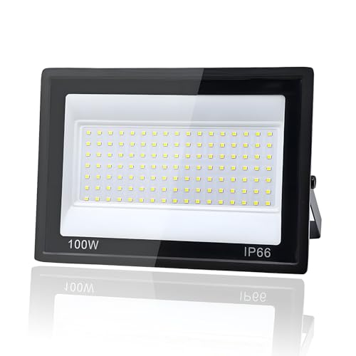 Tkdaksy Faro LED Esterno 100W, 1M Cavo Bianco Freddo 6500K, IP66 Impermeabile Farettdao led esterno, 10000LM Faretti LED Esterno, per Giardini, Terrazze, Cortili, Piazza, Parchi, Garage, Fabbriche