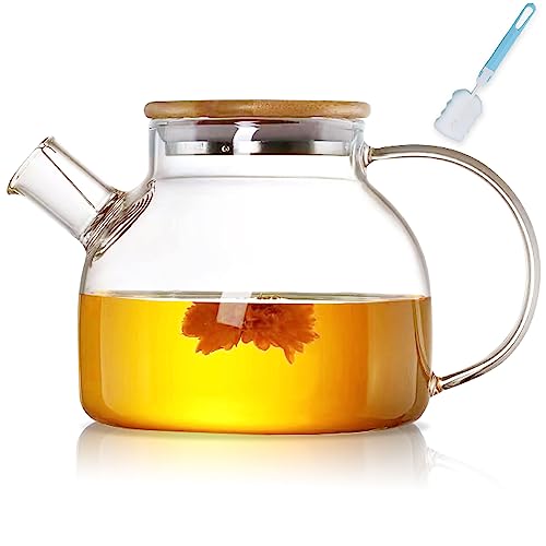 Teiera con colino, 1000 ml, in vetro con coperchio in legno, resistente al calore, con filtro rimovibile, design moderno ed elegante per tè, tè e succo di fiori