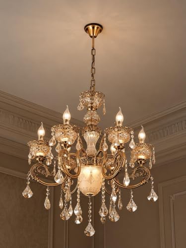 Image of Modern Crystal Chandelier, 8-Light Ceiling Light Glass Fixture, Antique Bronze with Crystal Droplets, Gold Designer Shades for Living, Dining, Bedroom, Staircase & Foyer with Filament Bulbs