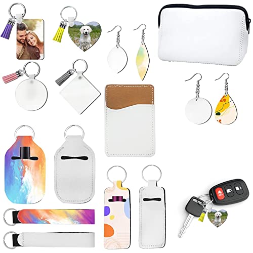 Suphyee Sublimations-Ohrring-Rohlinge | Doppelseitige Sublimationsrohlinge Produkte | 32-teiliges Sublimationsrohlings-Produktset mit Kosmetiktasche, mobiler Geldbörsenkarte, Schlüsselanhänger Cover