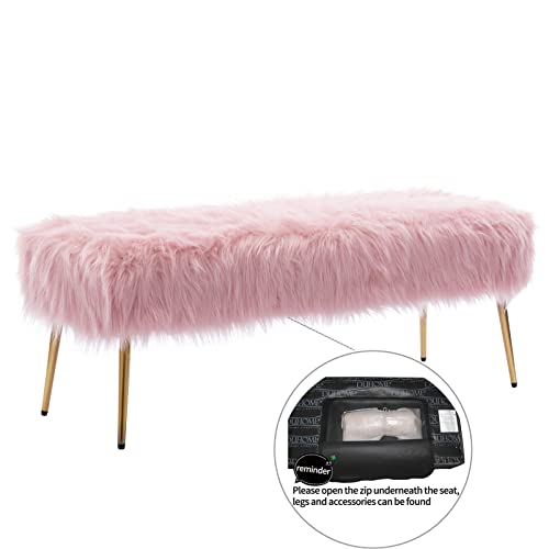 Duhome Faux Fur Plush Ottoman Bench, Modern Fluffy Upholstered Bench For Entryway Dining Room Living Room Bedroom, Pink #TOP5