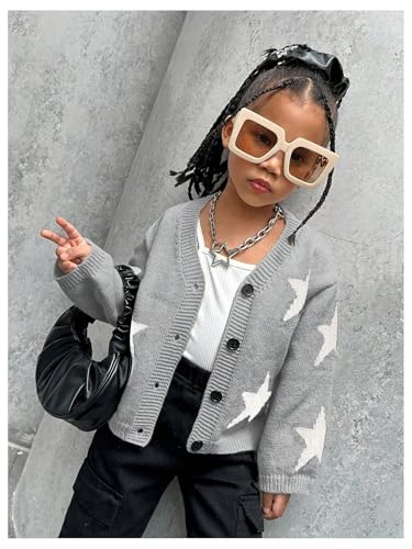 MakeMeChic Girl's Star Pattern Sweater V Neck Cardigan Long Sleeve Button Front Cute Knitted Tops3