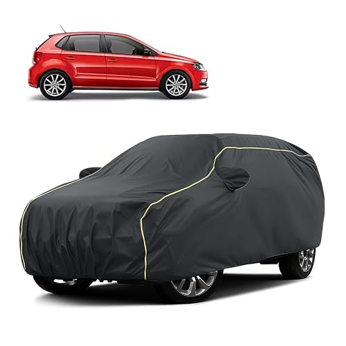 Image of Sulfar 100% Water Resistant Car Body Cover Compatible with Mirror for Volkswagen Polo GT (Triple Stitched, Full Bottom Elastic, Dark Grey Taffeta with Yellow Piping)