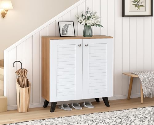 Image of LERIMO 2-Door Engineered Wood Shoe Rack, 4-Tier Wooden Shoe Rack for Entryway, Shoe Storage Cabinet with Doors Adjustable Shelves, Wooden Shoes Rack Organizer (Wotan Oak-White, 2 Door)